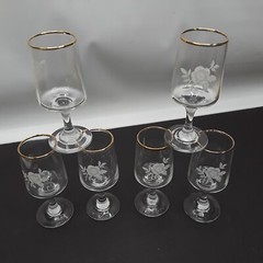 Vintage Gold Rim Stemmed Cordial Glasses Applied Roses EUC