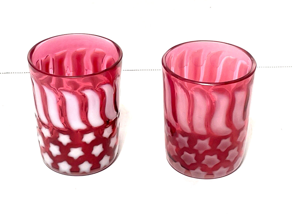 ANTIQUE 1890S BEAUMONT CRANBERRY OPALESCENT STAIRS & STRIPES TUMBLERS
