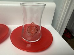 Vintage PASABAHCE Turkish Red Scroll Design Glass Tea Cup & Saucer, Set Of 4