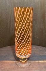 3 Mid Century Modern Stemmed Orange White Swirl Handblown Highball Glasses Set
