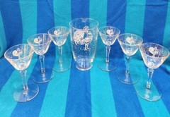MCM Libbey Glass Rooster CHANTICLEER 7 Pc Cocktail Martini Set Stemmed Barware