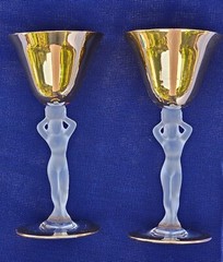 Pair BAYEL Bacchante (Bay5G) France Gold Frosted Stem Wine Glass Nude 6 1/4″