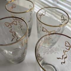 Set Of Four Libby Gold Bow Etched Roses Clear Glass Drinking Glasses