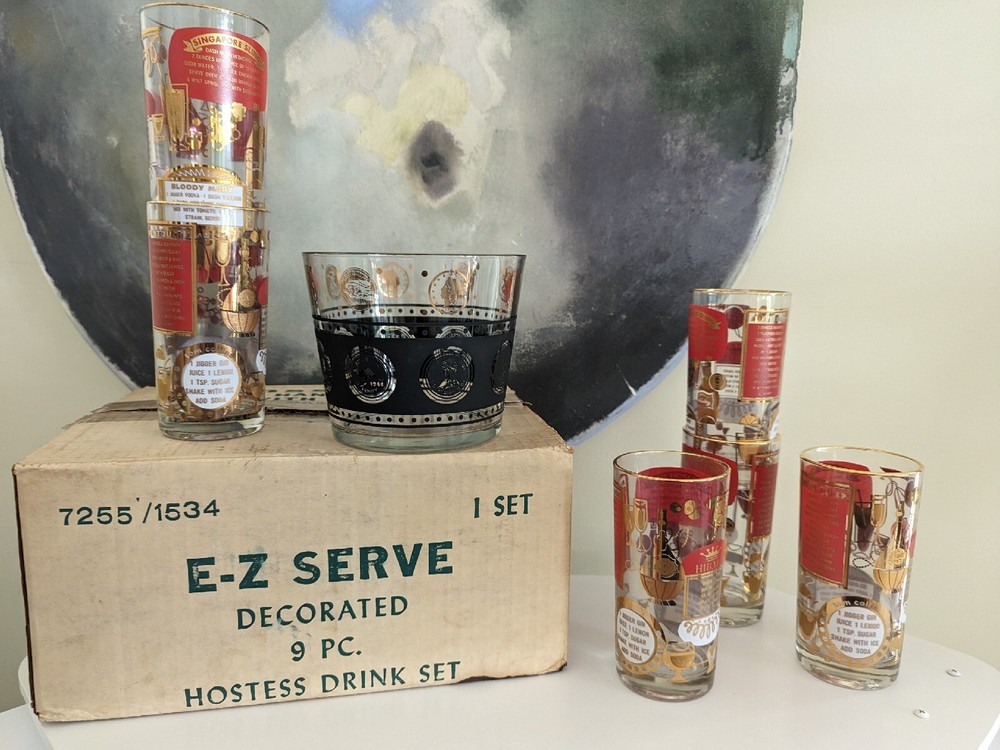 Vintage Jeannette Glasses, Lot of 9, Gold & Red Cocktail Recipe Barware MCM