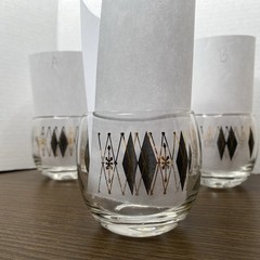 Vintage Federal Glass MCM Gold Black Harlequin Roly Poly Atomic Set of 3 Barware