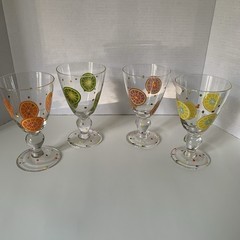 Vintage Laurie Gates Fruit Slice Colorful Dots Stemware Glasses Set of 4 Summer