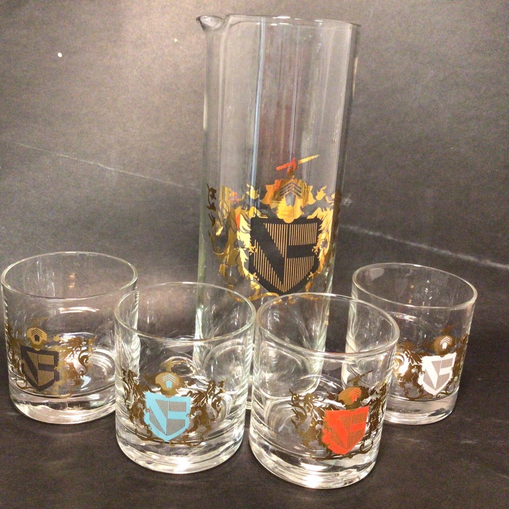 Vintage Barware Federal Glass 4 Glasses Cocktail Pitcher Camelot