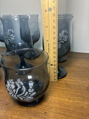 6 Vintage Pfaltzgraff Dusty Blue Etched Juice&2 Whiskey Glasses Folk Art Bird US