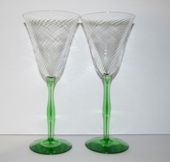 2 Tiffin Swirl Optic Green Uranium Stem Tall Wine Water Goblets Glasses 8.5″