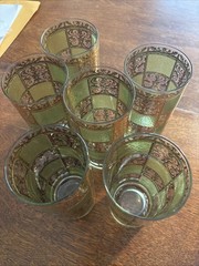 6 Vintage Culver Signed Green & Gold Prado Highball Cocktail Glasses