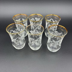 Vintage Bartlett Collins Set Of 6 Grape Leaf Etched Glasses, Gold Rim 1950s Chip