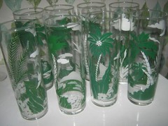 8 Libbey Green & White Palm Tree Tropical Tiki Flora Tom Collins Glasses