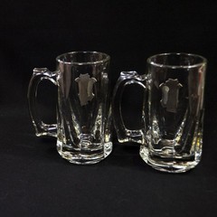 Libbey Clear Glass 2 Mugs Golf Theme Pewter Medallion 12 Ounces 5 7/8″ Tall HTF