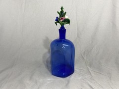 Cobalt Blue Glass Decanter/Perfume Hand Blown Bottle with Flower Design Stopper