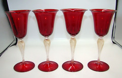 Signed Pauly Venezia Murano Glass 4 Red & Gold Water Goblets