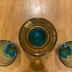 KAMAY KAMEI GLASS Japanese Poetry Cold Sake Pot Cup Pair Set Cobalt Amber