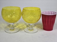 Vtg 2pc Secla Sigma Taste Setter Cabbage Leaf Yellow Glass Goblets Portugal 60s