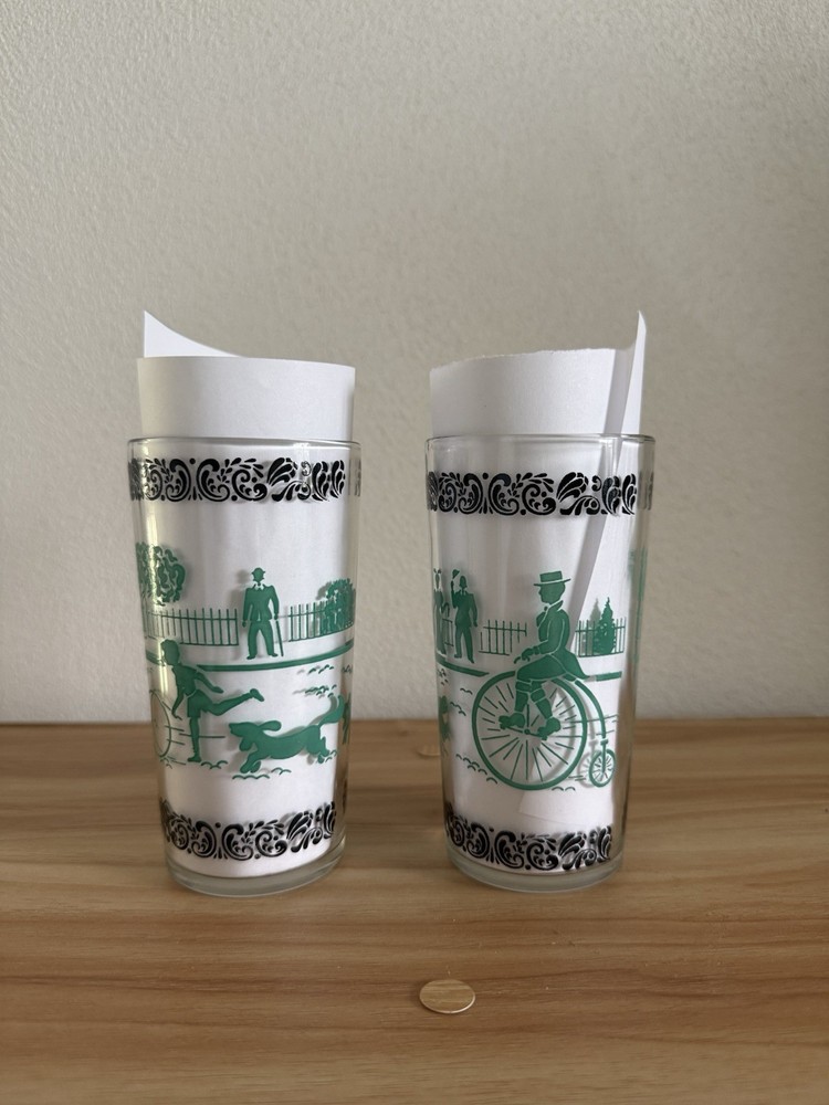 Pair of Vintage MCM Drinking Glasses with Victorian Park Scene Dogs Bicycle
