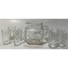 Vintage Clear Glass Lemonade Set Starburst Pitcher 8 Tumblers, MCM
