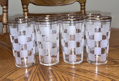 Vintage Federal Glass Frosted Checkerboard Tumblers With Gold Rim Set of 8
