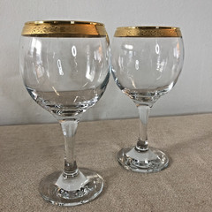 Vintage Gold Rim Wine Goblets Set of 2 Clear Glass Etched Mid Century