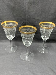 3 Vintage Tiffin-Franciscan 14196-6 Wine Water Goblet Stem Glass Etched Gold Rim