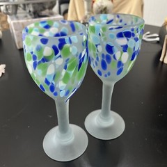 Pair of Hand Blown Art Glass Multicolor Frosted End of Day Wine Glasses 8.25″