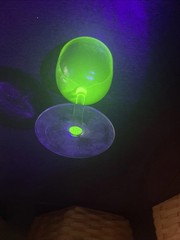 Antique 1930s Uranium glass small wine / cordial glass Clear Stem Vaseline Top