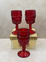 Viking Ruby Red Honeycomb Glass Georgian Wine Water Goblets Set of 3 Cadmium Rim