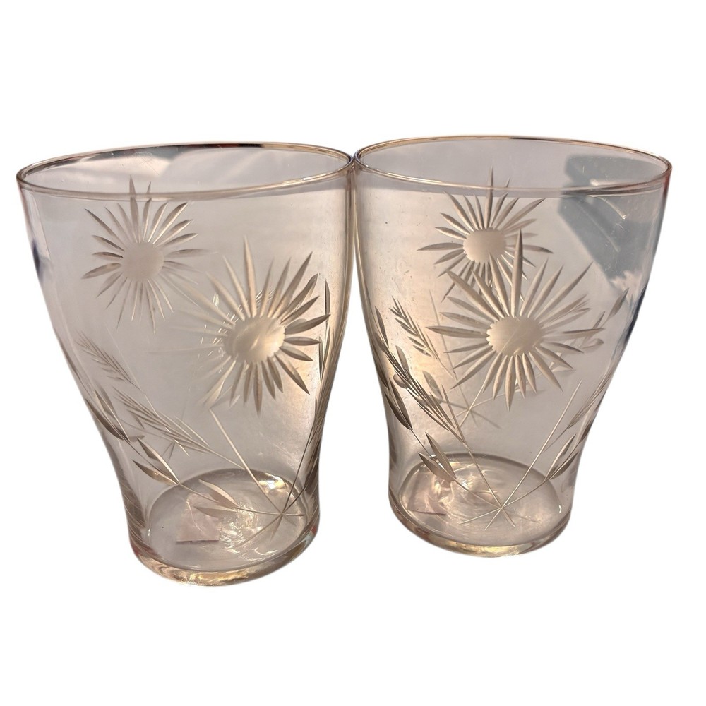 Vintage MCM Etched Starburst Juice Glasses Pair Atomic Barware Art Deco Flared