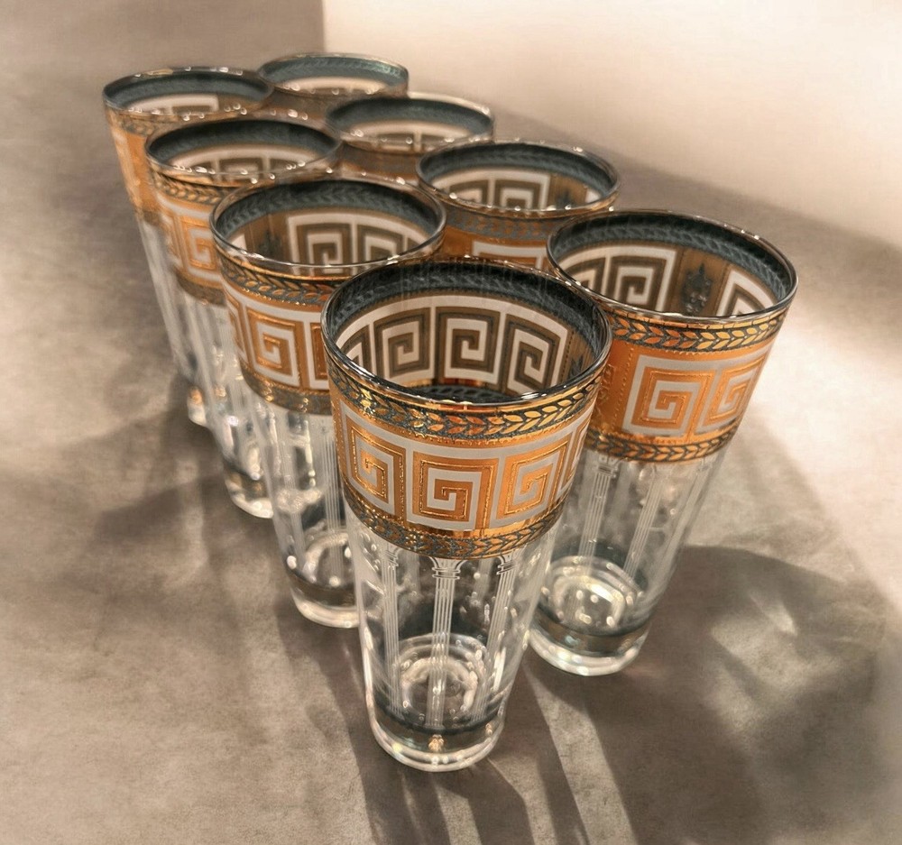 Set of 8 MCM 1960s Culver 22ct Gold Greek Corinthian 22K Hi ball glasses.