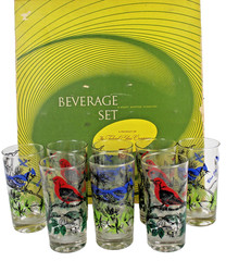 Federal Glass Fine Blown Tumbler Beverage Set in Original Box Blue Jay & Tanager
