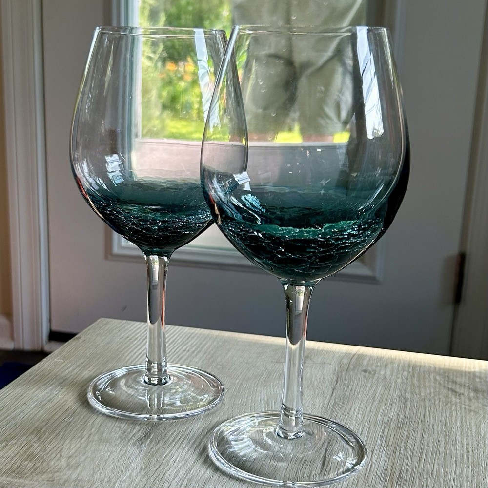 Pier 1 Teal Blue Crackle Red Wine Glasses Hand Blown 18oz 8.75” Set of 2 HTF EXC