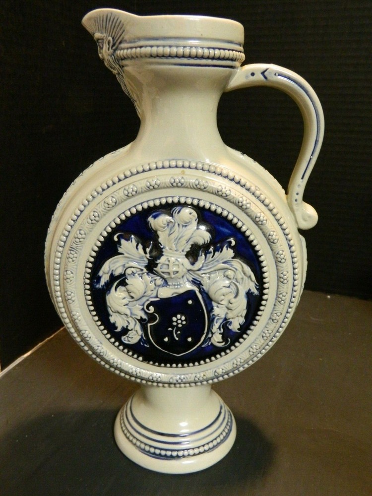 Vintage Simon Peter Gerz Blue On Gray Stoneware Pitcher Ewer w/ Knights Crest Ex