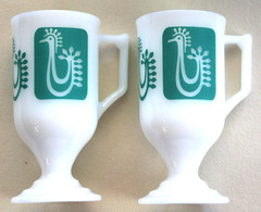 Vintage MCM Set Of 2 Federal Milk Glass Pedestal Mugs Danish White Turquoise-SU