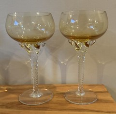 2 Vintage Bohemia Czech Glasses Swirl Stem Amber Goblet 5 1/2″ Cordial Star