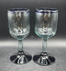 Hand Blown Goblets Set Colbalt Blue & Clear Pedestal Footed Heavy Glass Vintage