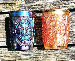 CARNIVAL GLASS Blue & marigold Britt Tumblers by KARHULA of Finland hard to find
