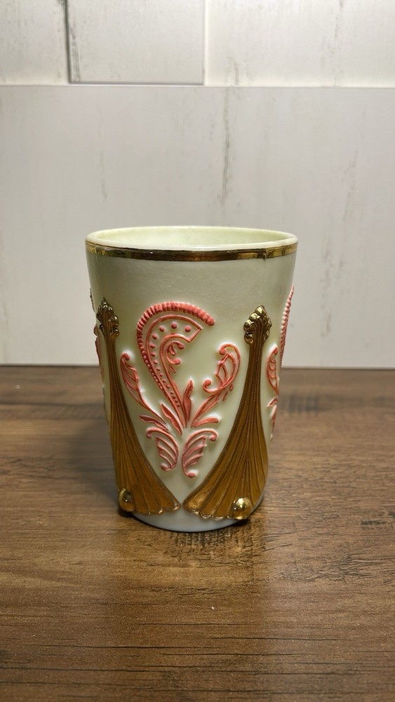 Summit Art Glass Fan & Feather Custard Tumbler w 22 Kt Gold Accents Uranium Glow