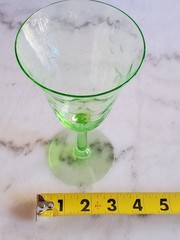 Vintage GREEN URANIUM VASOLINE Stem Depression GLASS GOBLET ETCHED FLORAL DESIGN