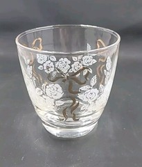 VTG Libbey 8oz.Tumblers Drinking Glasses White Roses Gold Bow Gold Rim set of 4