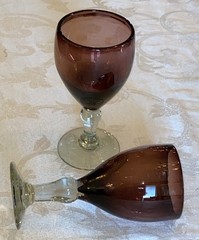 VTG Amethyst? Blown Glass Heavy 7″ Water / Wine Goblets Clear Stem Lot of 2 HTF