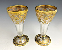 Antique Fritz Heckert PAIR GOLD ENCRUSTED 5-3/8″ WINE ROEMER GLASSES Art Nouveau