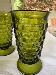 3x Vintage Indiana Whitehall Colony Cubist Glass Avocado Green Footed Iced Tea