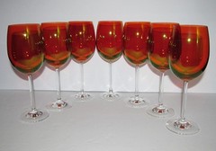 Amber Orange Clear Stem Set of 7 Wine / Water Crystal Luster Goblets 8-1/2” Tall