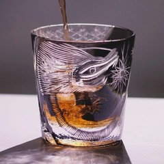 Premium Edo Kiriko Crystal Whiskey Tumbler Hand-Carved Black Dragon Rocks Glass