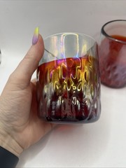 Hand Blown Rocks Drinking Tumbler Glass Red Iridescent Textured Pontil