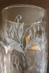 Clear Glass Lily of the Valley Etched Raised White & Gold Flower Gold Rim 10 oz.
