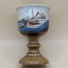 Vintage MCM Otagiri Seaside Fishing Village Scene Stoneware Goblet/Candle Holder