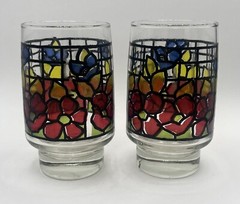 Vintage Libbey Stained Glass floral Juice Glasses Set Of 2 – 12 ozs